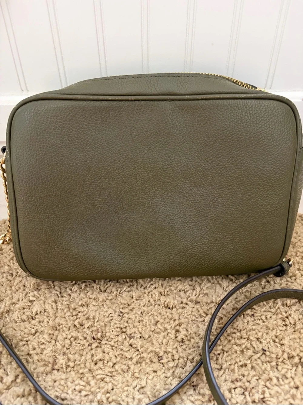 Michael Kors Olive Pebbled Leather Crossbody with Gold MK Emblem